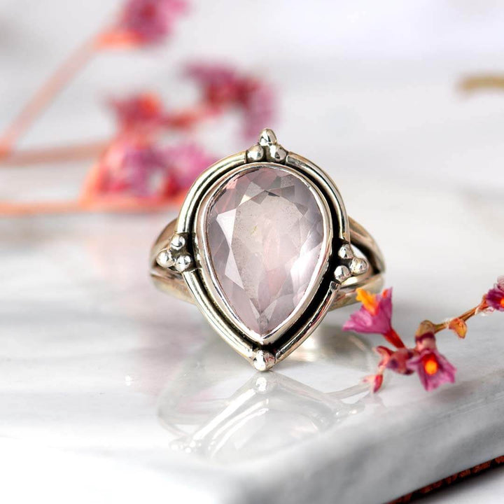 Rosenquarz Tropfenring Sterling Silber
