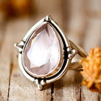 Rose Quartz Teardrop Ring Sterling Silver - Boho Magic