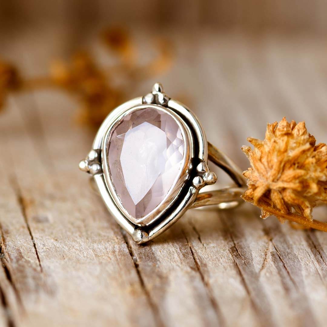 Rosenquarz Tropfenring Sterling Silber