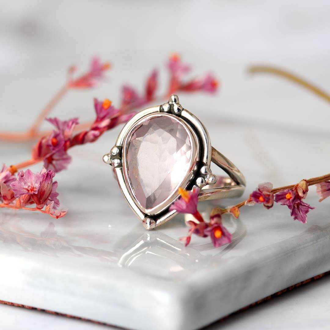 Rosenquarz Tropfenring Sterling Silber