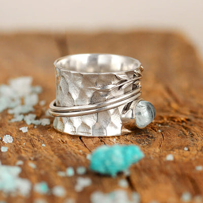 Aquamarine Leaf Spinner ring Sterling Silver - Boho Magic