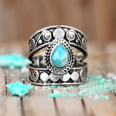 Boho Ring with Larimar Stone Sterling Silver - Boho Magic