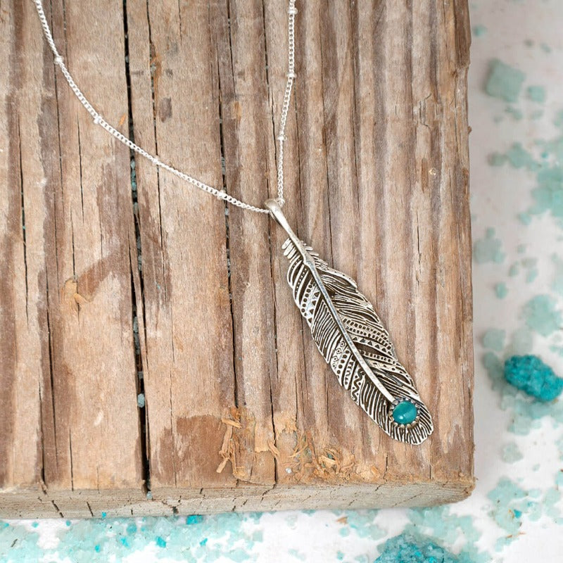 Boho Feather Turquoise Necklace Sterling Silver