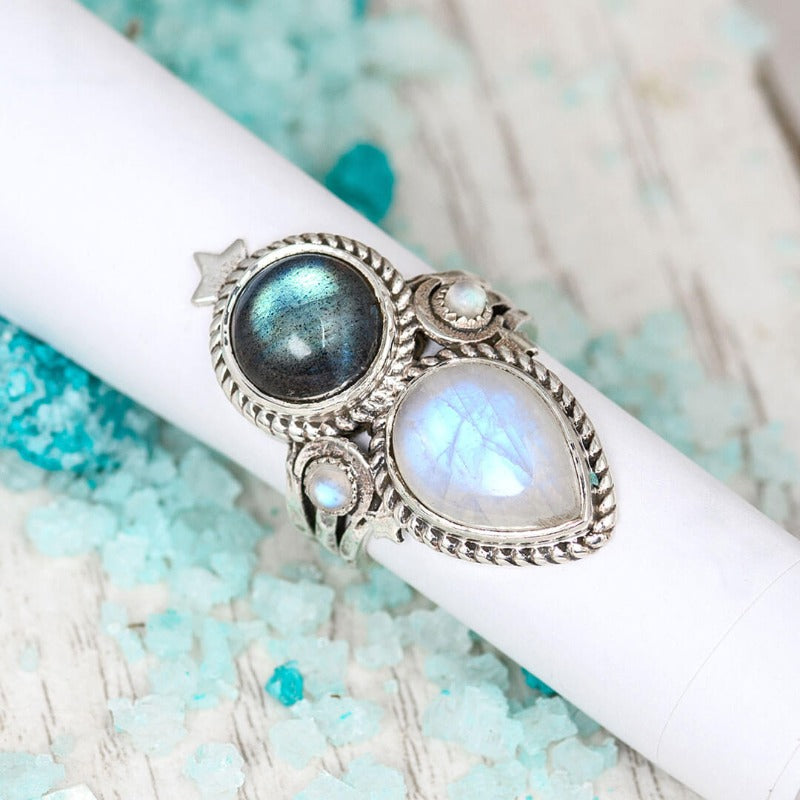 Celestial Moonstone and Labradorite Silver Ring