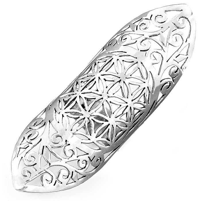 Full Finger Statement Sterling Silver Ring Flower of Life Symbol