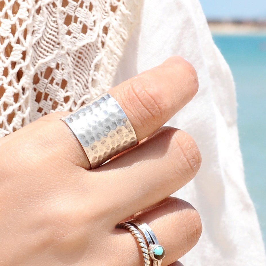 Hammered Sterling Silver Wide Band Ring – Boho Magic Jewelry