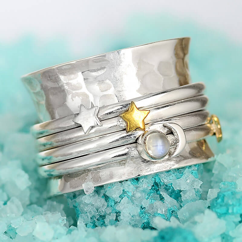 Fidget Ring Moon Moonstone and Stars Sterling Silver – Boho Magic