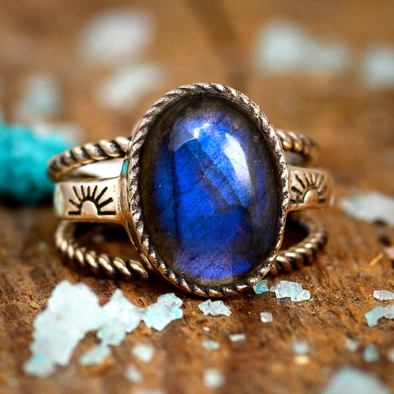 Labradorite Stacking Ring Set Sterling Silver Boho Magic Jewelry
