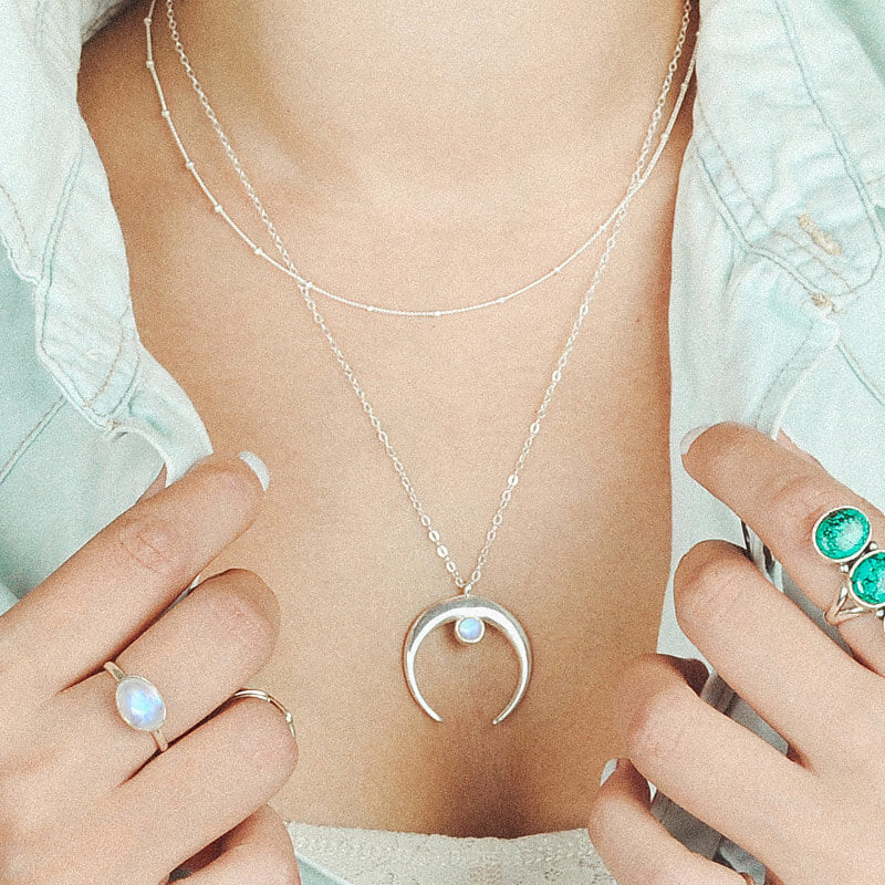 Moon Moonstone Layered Necklace Sterling Silver – Boho Magic Jewelry