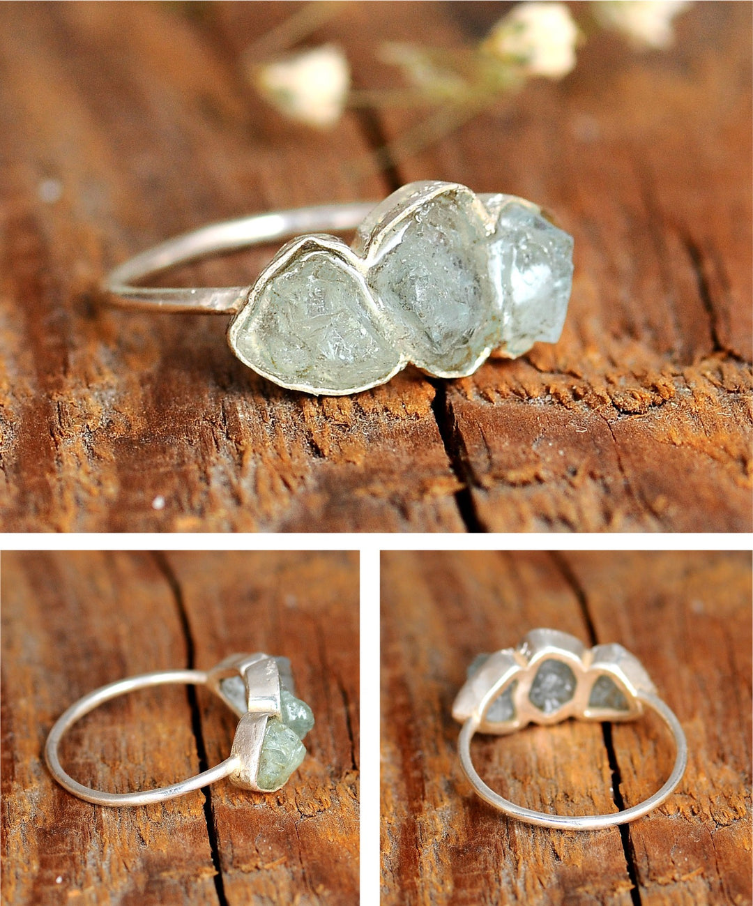 Drei-Stein-Ring mit rohem Aquamarin aus Sterlingsilber