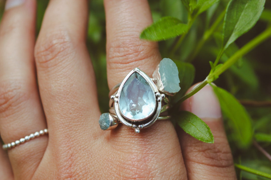 aquamarine gemstone ring set in sterling silver for boho women available at Boho Magic