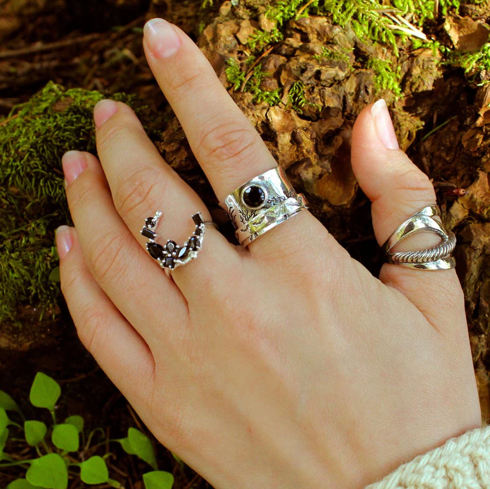 black onyx gemstone sterling silver rings for women perfect for Halloween available at Boho Magic