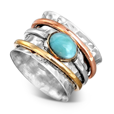 Sterling Silver Two Tone Spinner Larimar Ring - Boho Magic