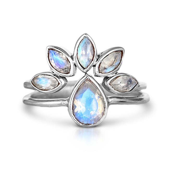 Rainbow Moonstone Stacking Ring Set Sterling Silver