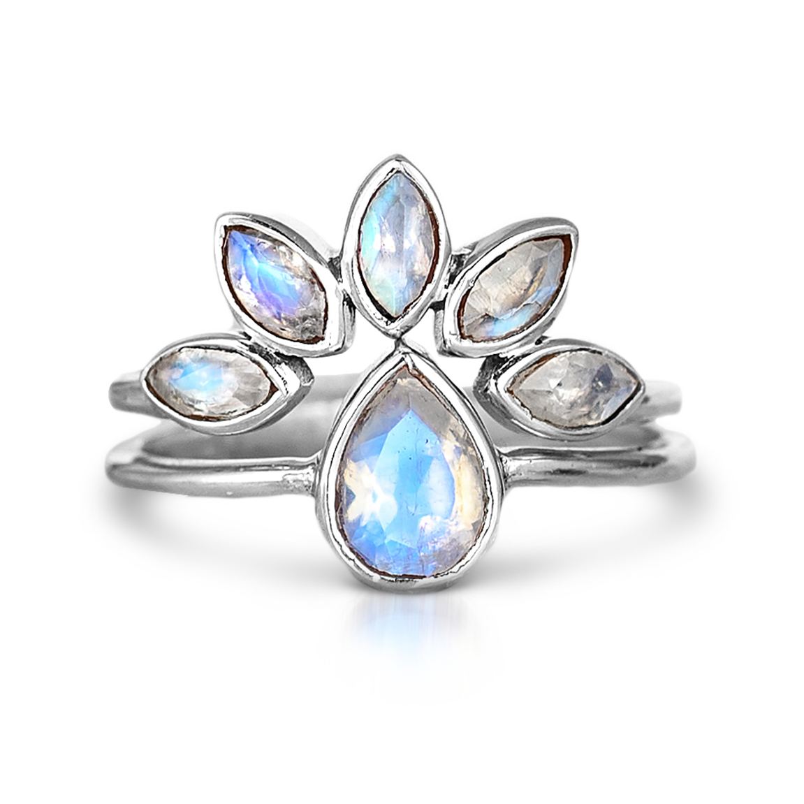 Rainbow Moonstone Stacking Ring Set Sterling Silver