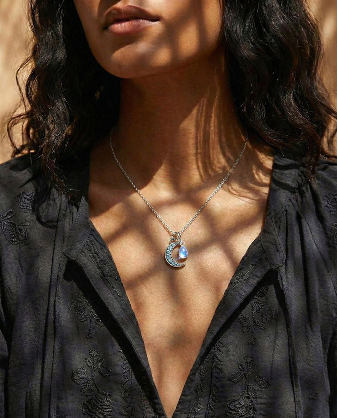 Blue Topaz Moon Charm Sterling Silver