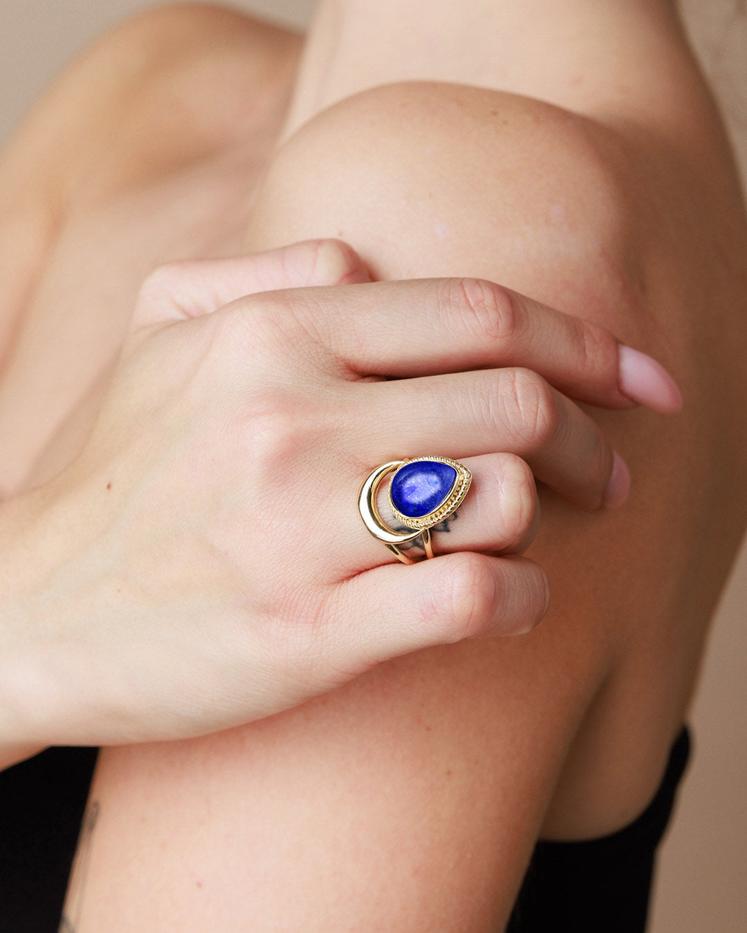 Crescent Moon Ring with Lapis Gold Plated