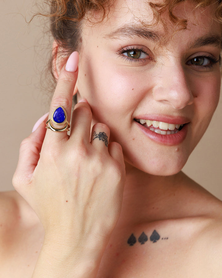 Crescent Moon Ring with Lapis Gold Plated