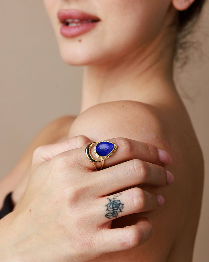 Crescent Moon Ring with Lapis Gold Plated