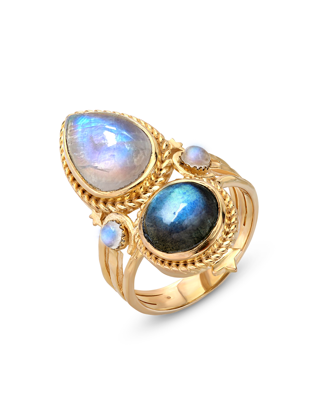 Celestial Moonstone and Labradorite Ring Gold Plated