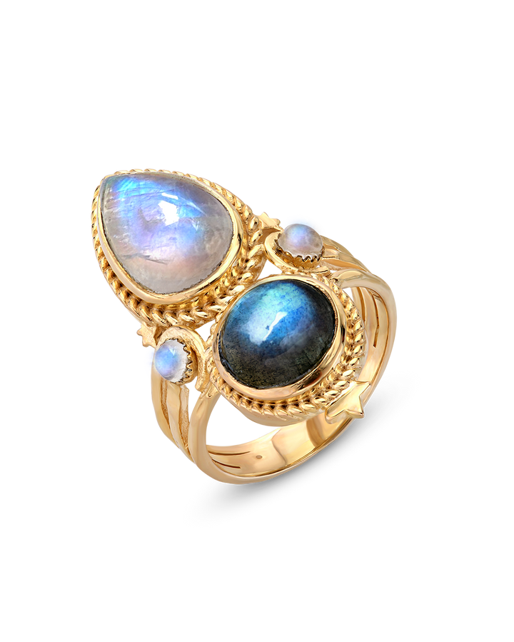 Celestial Moonstone and Labradorite Ring Gold Plated