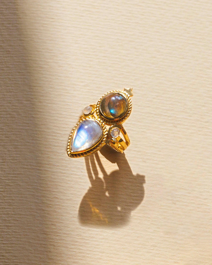 Celestial Moonstone and Labradorite Ring Gold Plated