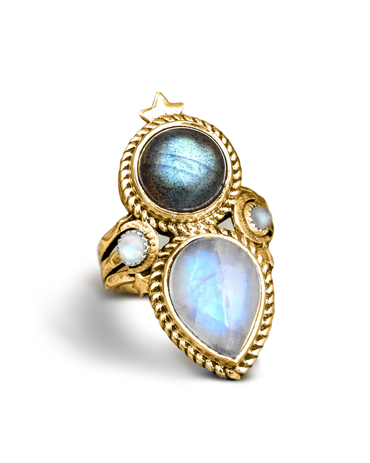 Celestial Moonstone and Labradorite Ring Gold Plated