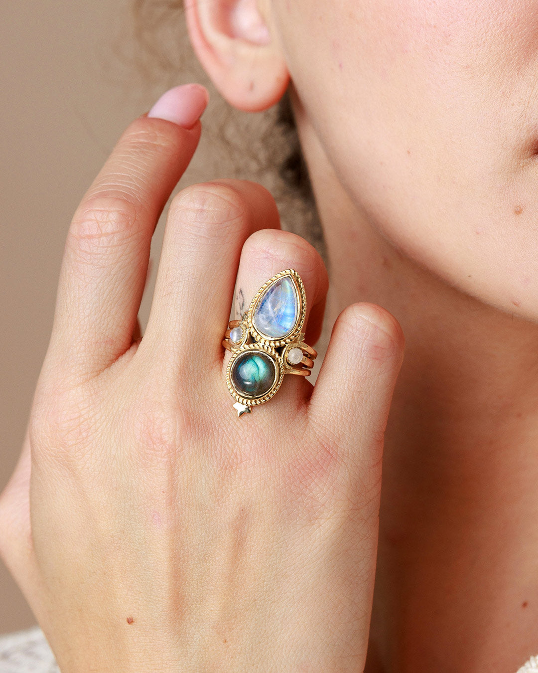 Celestial Moonstone and Labradorite Ring Gold Plated