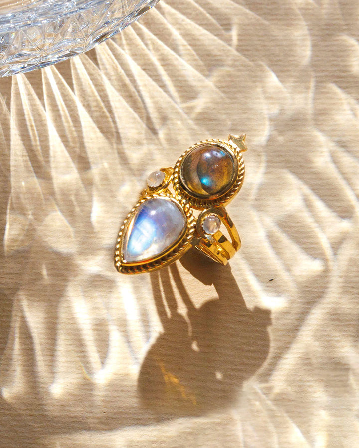 Celestial Moonstone and Labradorite Ring Gold Plated