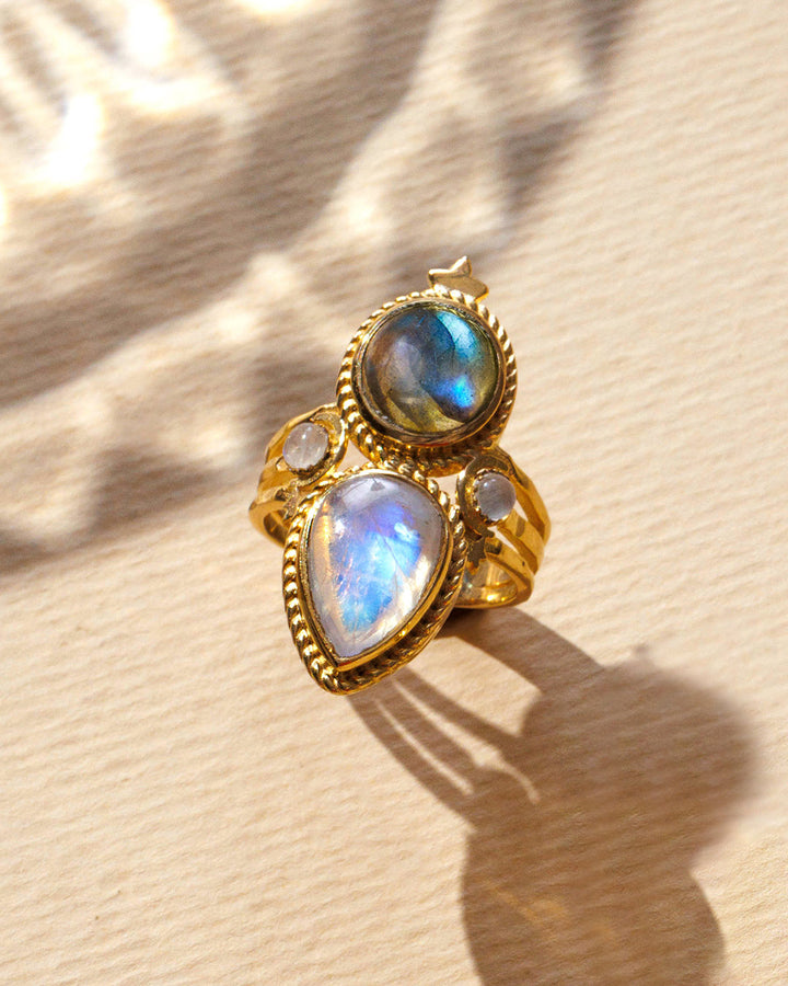 Celestial Moonstone and Labradorite Ring Gold Plated