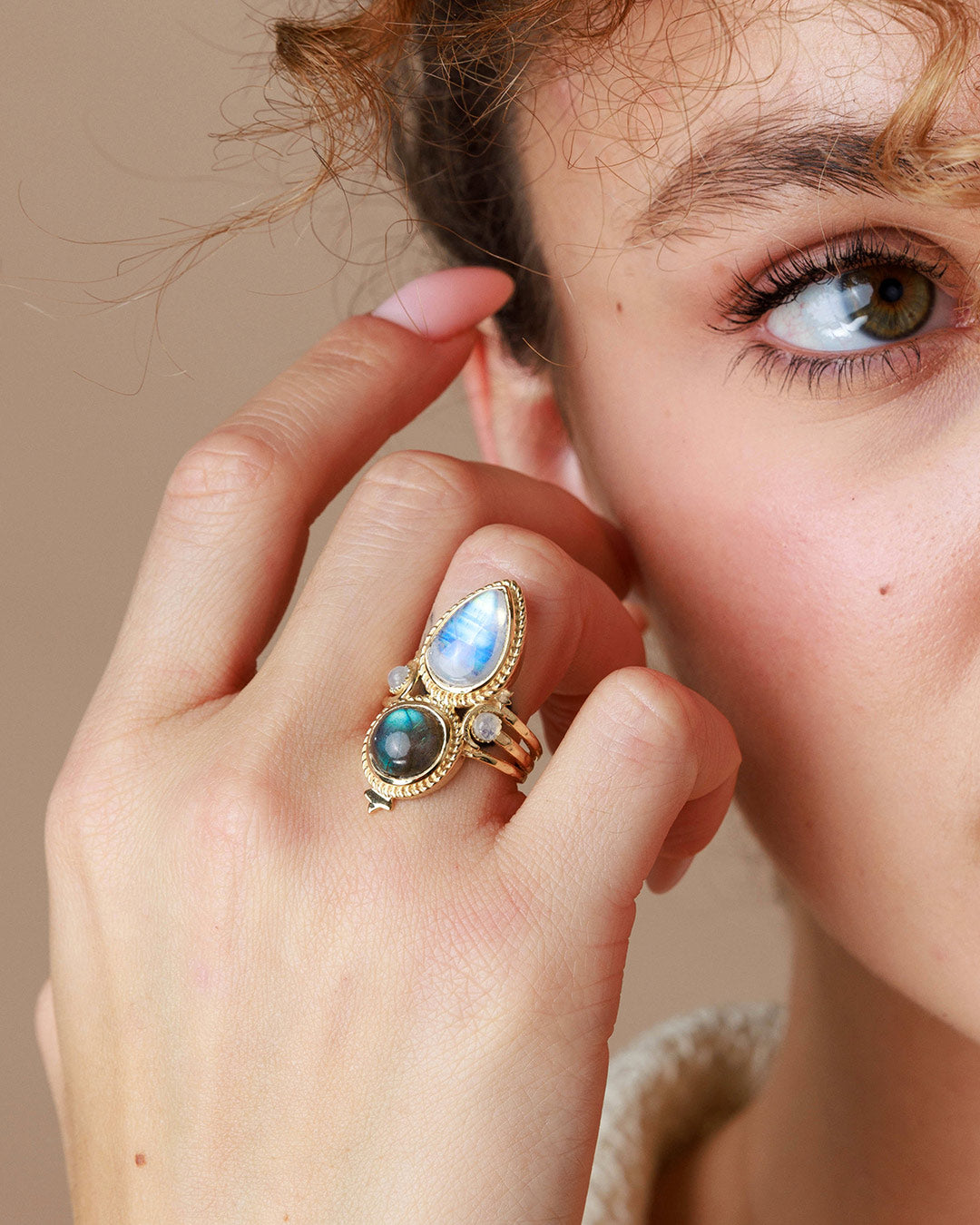 Celestial Moonstone and Labradorite Ring Gold Plated