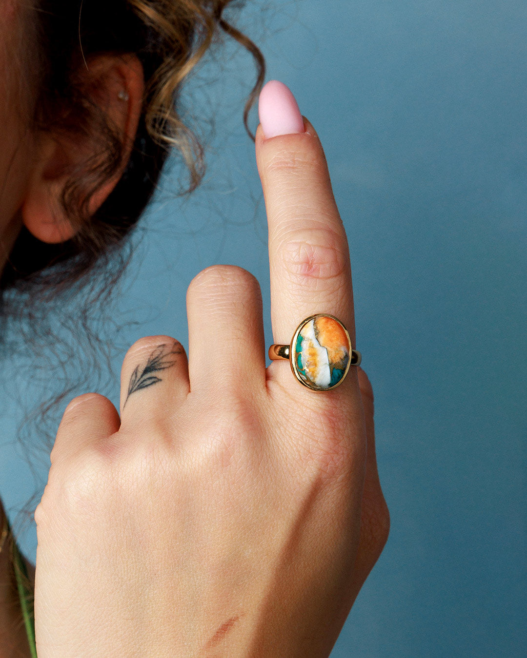Oyster Copper Turquoise Ring Gold Plated
