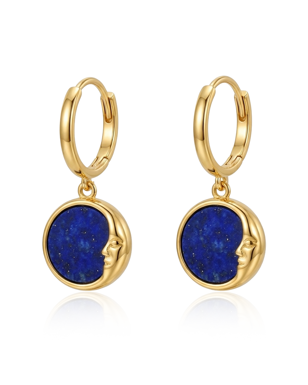 Gold Plated Lapis Moon Face Earrings