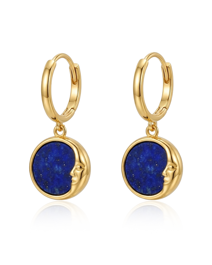 Gold Plated Lapis Moon Face Earrings