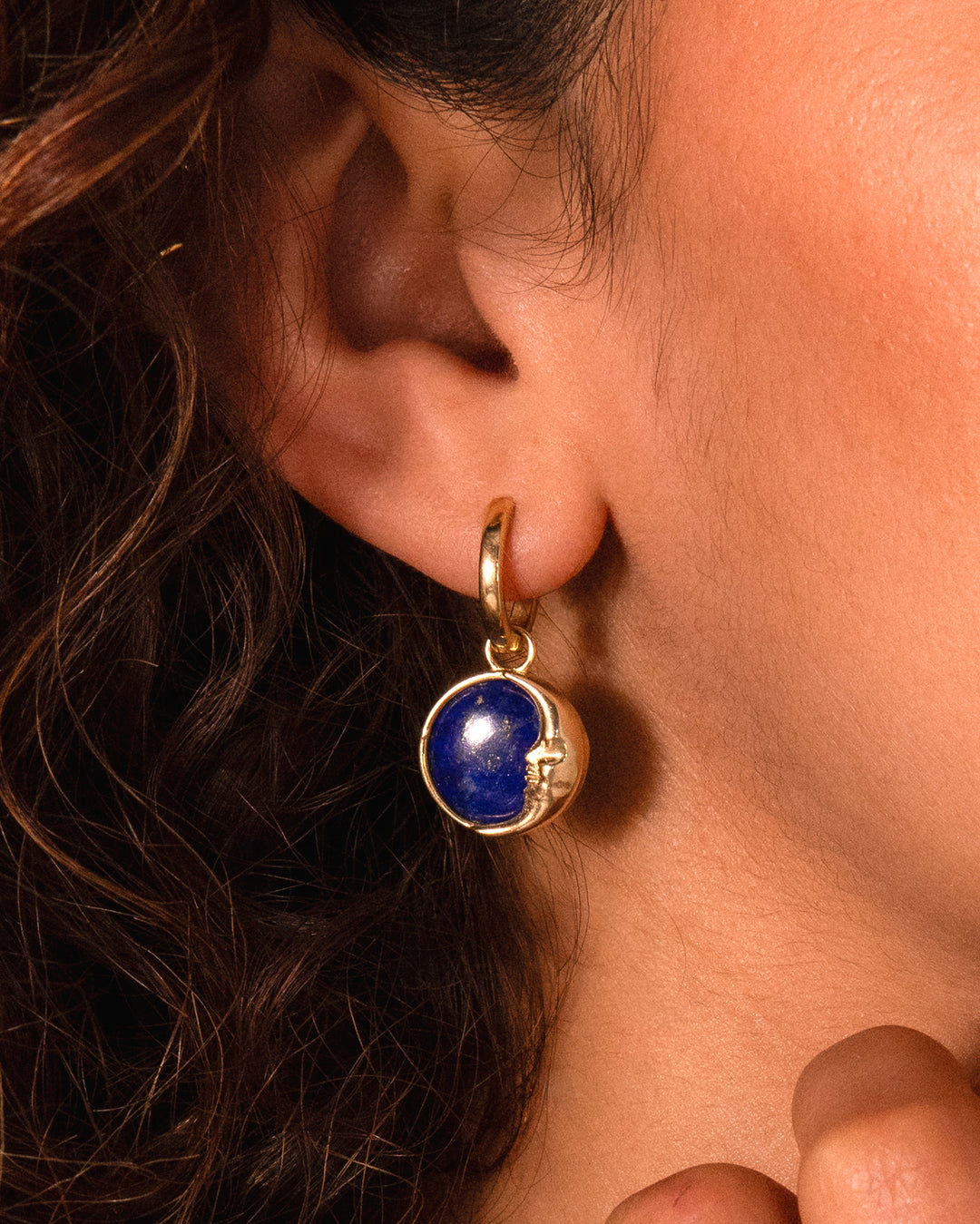 Gold Plated Lapis Moon Face Earrings