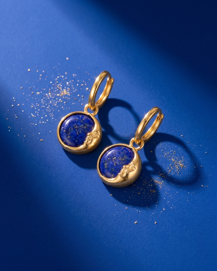 Gold Plated Lapis Moon Face Earrings