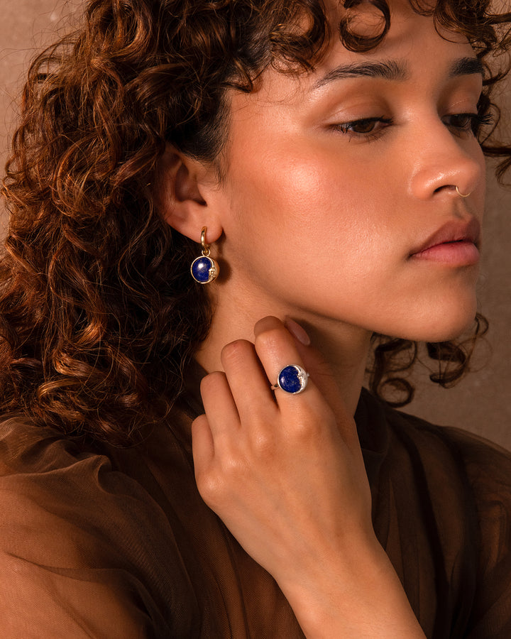 Gold Plated Lapis Moon Face Earrings