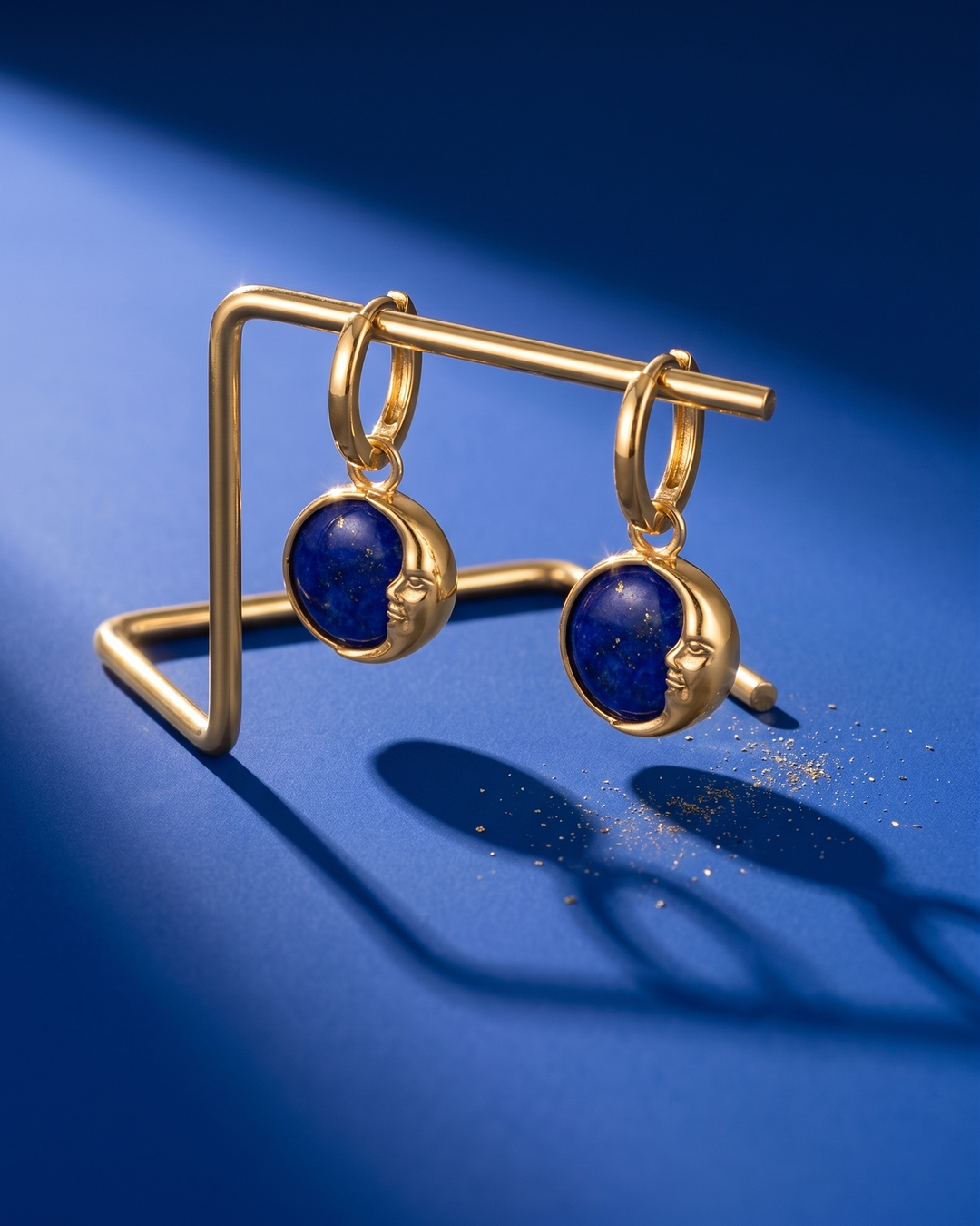 Gold Plated Lapis Moon Face Earrings