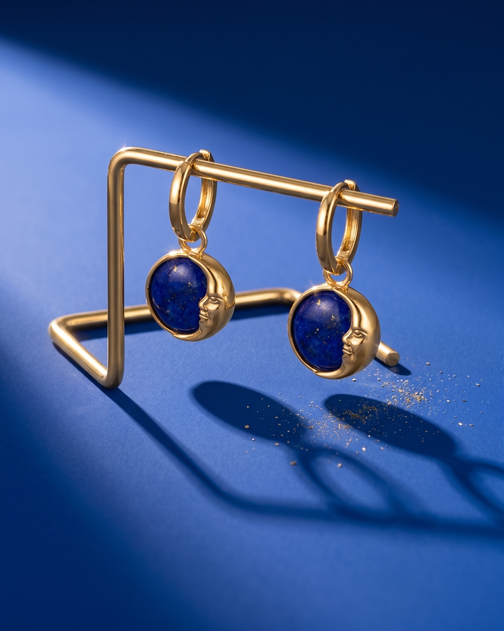 Gold Plated Lapis Moon Face Earrings