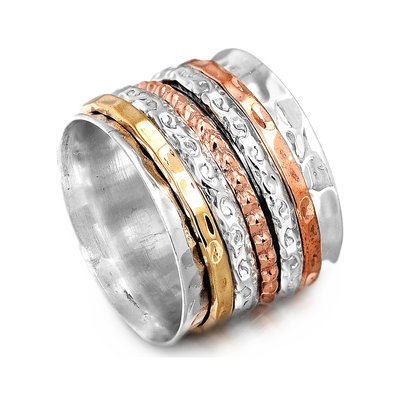 Two Tone Wide Band Spinner Ring Hammered Sterling Silver - Boho Magic