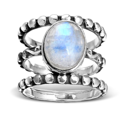 Large Rainbow Moonstone Ring Sterling Silver - Boho Magic