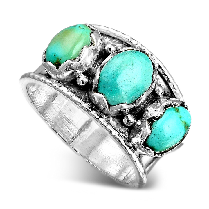 Sterling Silver Three Stone Authentic Turquoise Ring