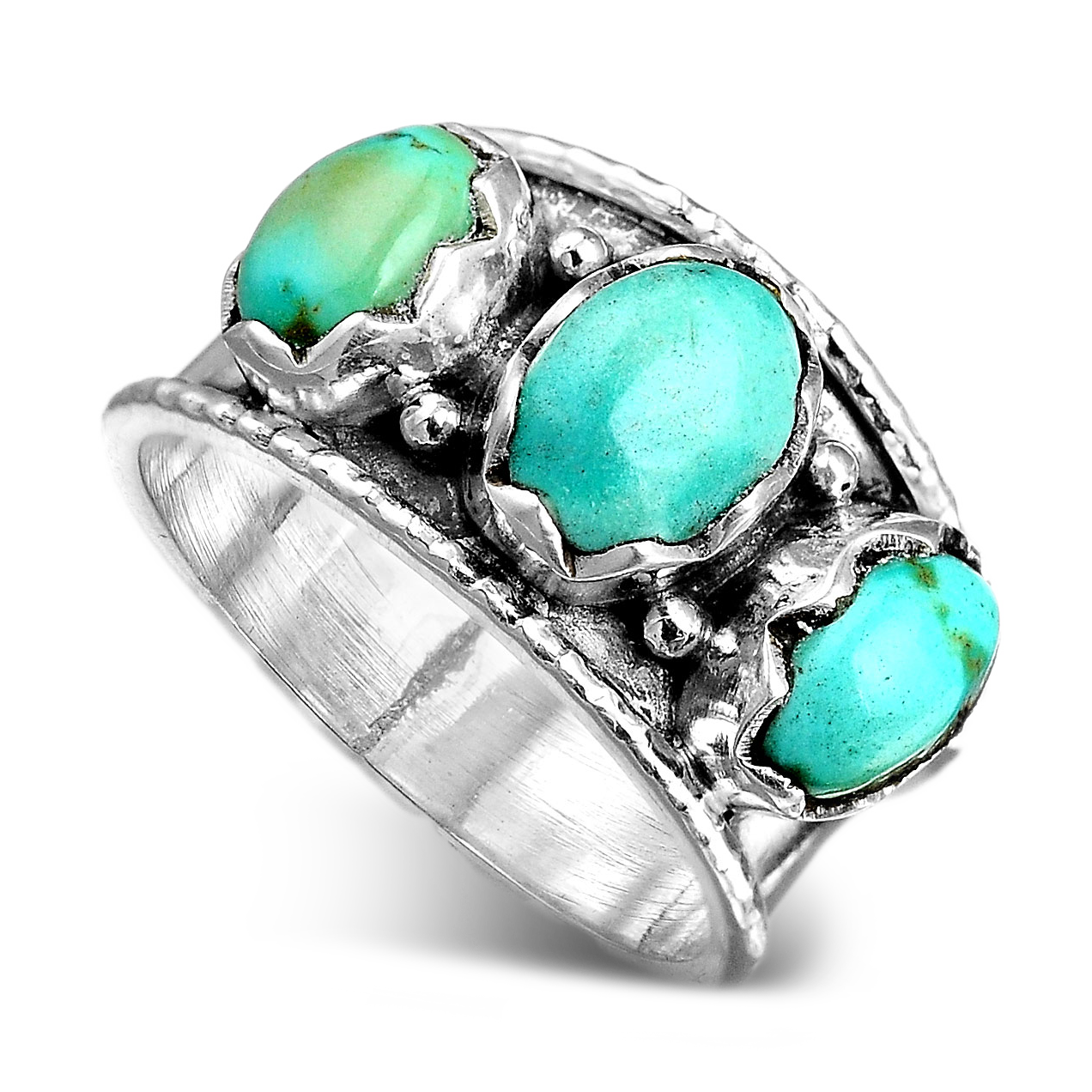 Sterling Silver Three Stone Authentic Turquoise Ring