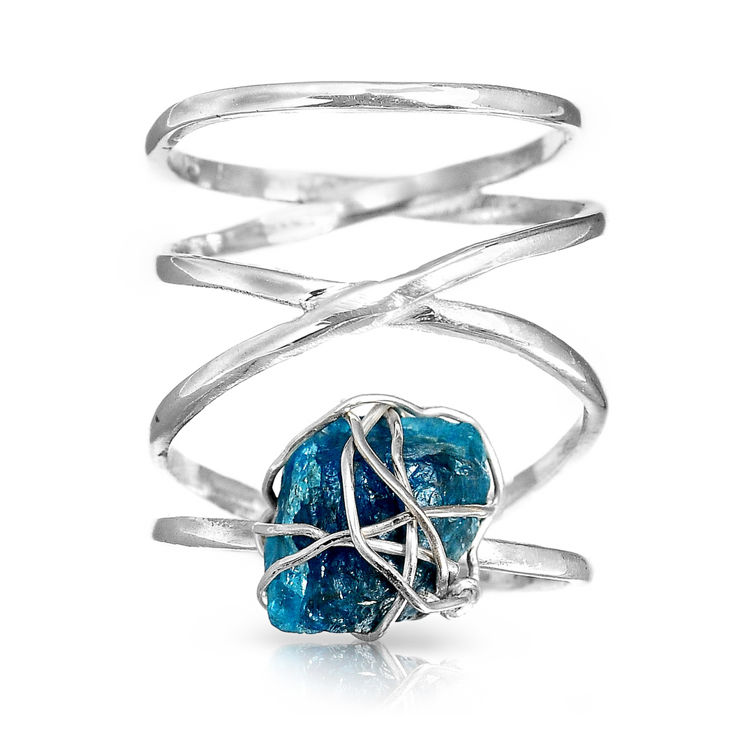 Natural Raw Apatite Wire Wrapped Ring Sterling Silver Boho Magic Jewelry