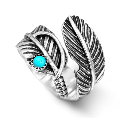 Feather Ring with Turquoise Stone Sterling Silver - Boho Magic