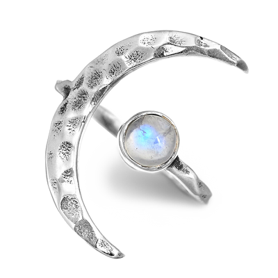 Sterling Silver Crescent Moon Ring with Moonstone - Boho Magic