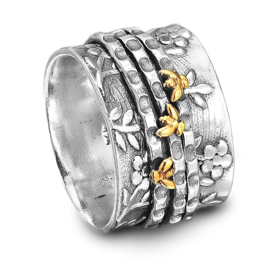 Flowers Spinner Ring with Tiny Bees Sterling Silver