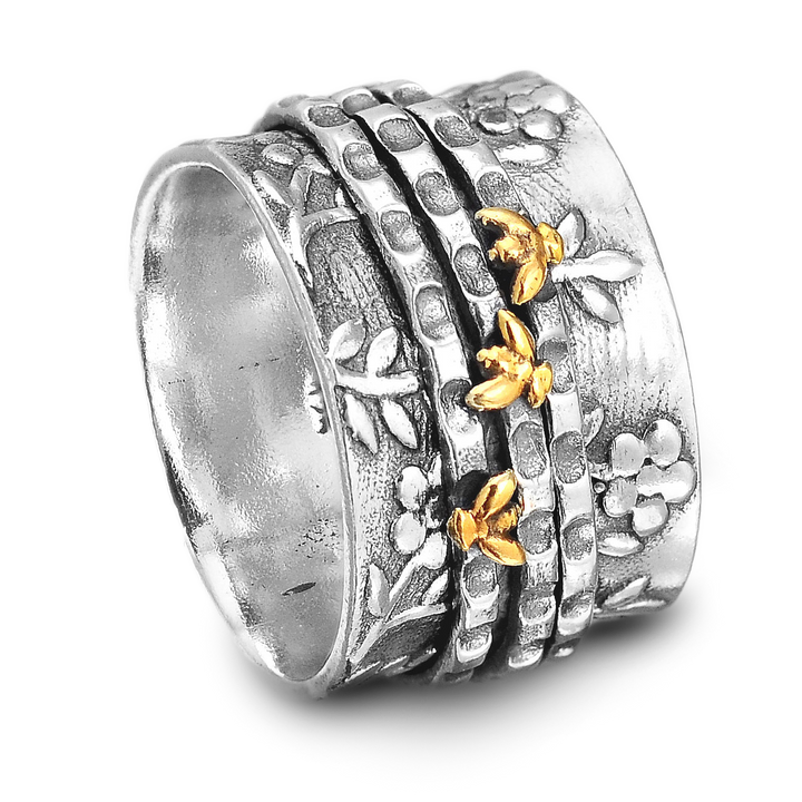 Flowers Spinner Ring with Tiny Bees Sterling Silver