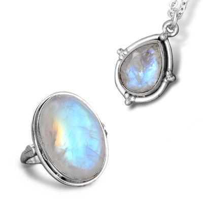 Rainbow Moonstone Set - Ring and Necklace - Boho Magic