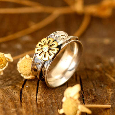 Spinner Sunflower Ring for Women Sterling Silver - Boho Magic
